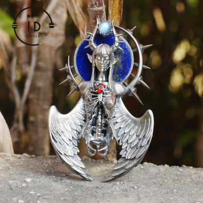 Silver Pendant with Garnet and Lapis Lazuli, Handcrafted Gothic Winged Jewelry, Fantasy Amulet Necklace Gift for Men and Collectors