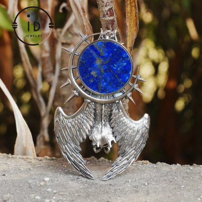Silver Pendant with Garnet and Lapis Lazuli, Handcrafted Gothic Winged Jewelry, Fantasy Amulet Necklace Gift for Men and Collectors