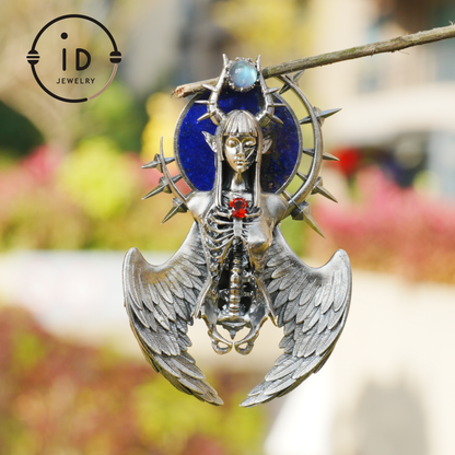 Silver Pendant with Garnet and Lapis Lazuli, Handcrafted Gothic Winged Jewelry, Fantasy Amulet Necklace Gift for Men and Collectors