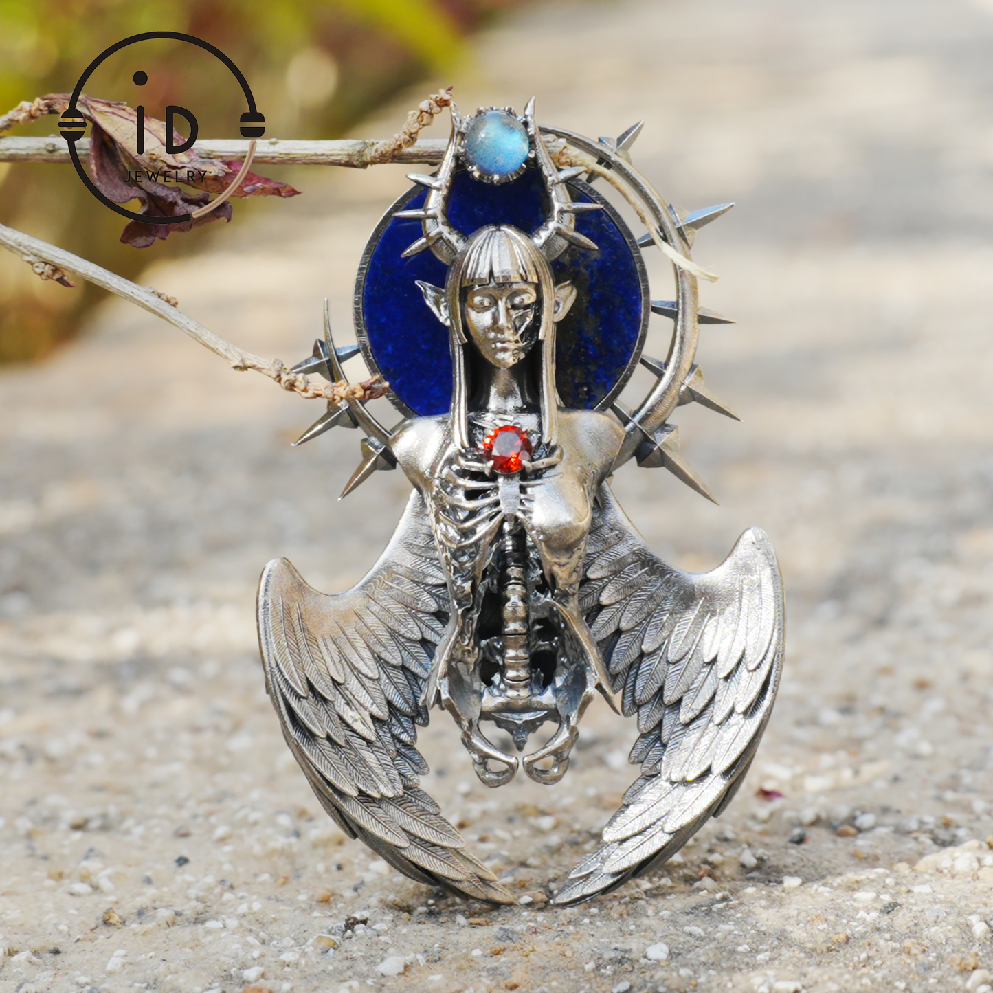 Silver Pendant with Garnet and Lapis Lazuli, Handcrafted Gothic Winged Jewelry, Fantasy Amulet Necklace Gift for Men and Collectors