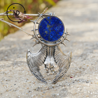 Silver Pendant with Garnet and Lapis Lazuli, Handcrafted Gothic Winged Jewelry, Fantasy Amulet Necklace Gift for Men and Collectors