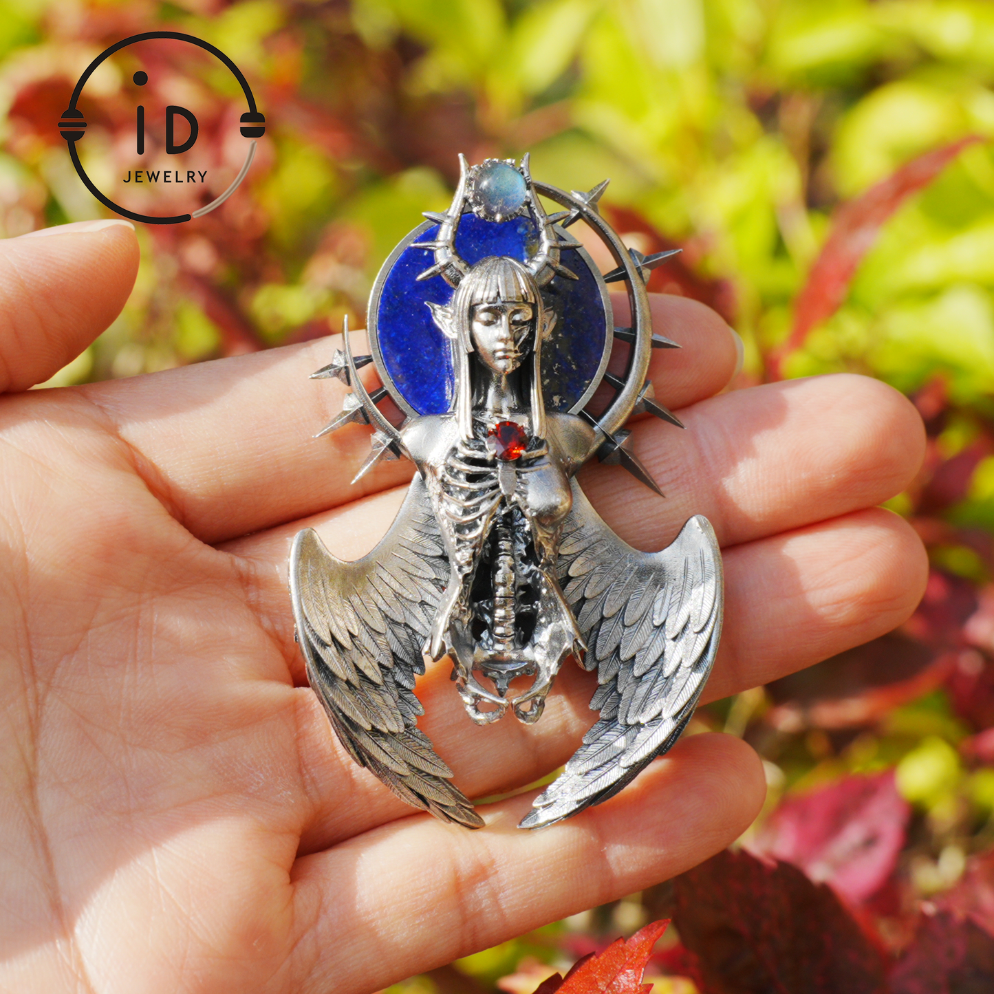 Silver Pendant with Garnet and Lapis Lazuli, Handcrafted Gothic Winged Jewelry, Fantasy Amulet Necklace Gift for Men and Collectors