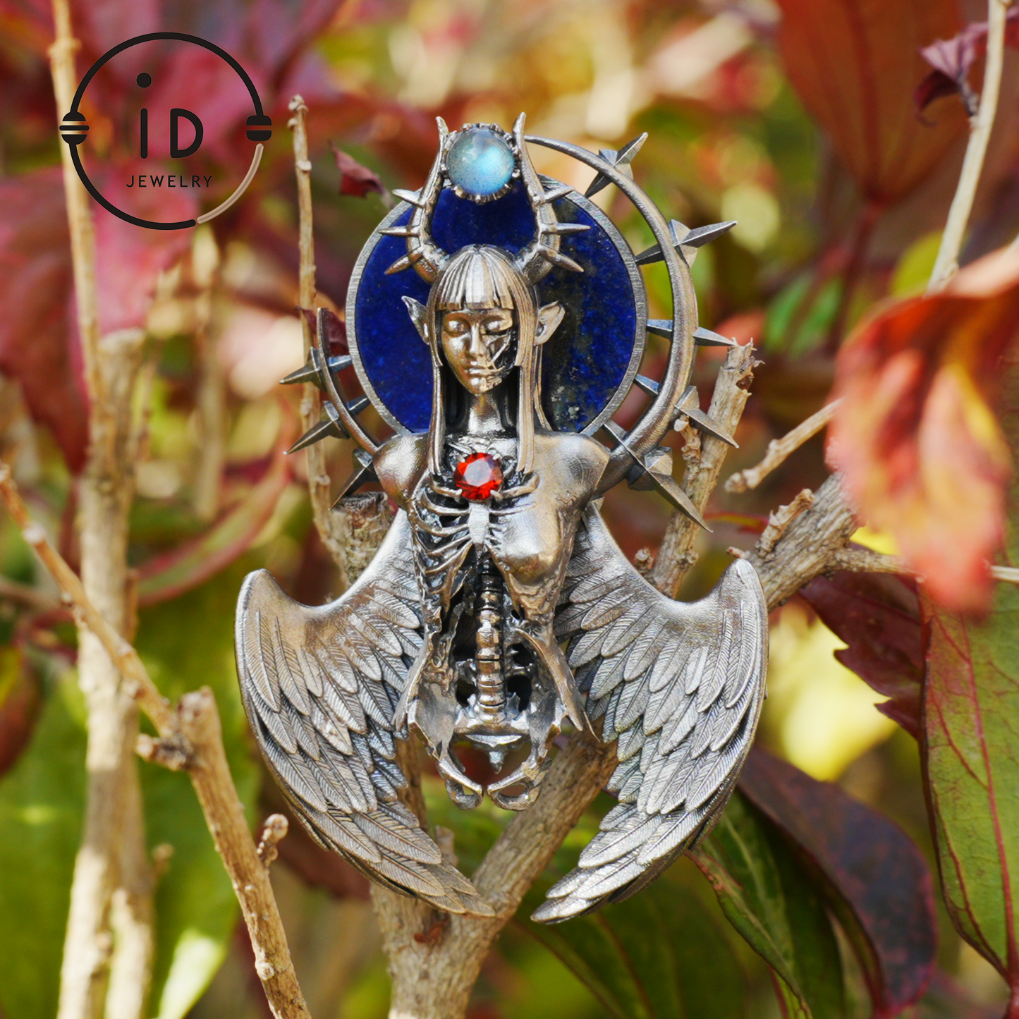 Silver Pendant with Garnet and Lapis Lazuli, Handcrafted Gothic Winged Jewelry, Fantasy Amulet Necklace Gift for Men and Collectors