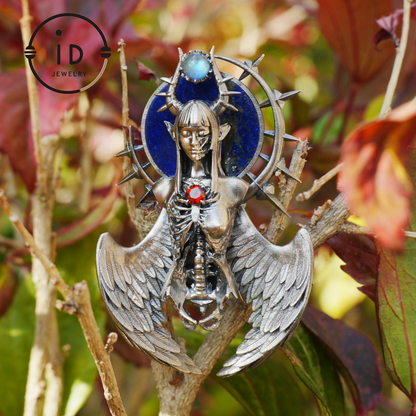 Silver Pendant with Garnet and Lapis Lazuli, Handcrafted Gothic Winged Jewelry, Fantasy Amulet Necklace Gift for Men and Collectors