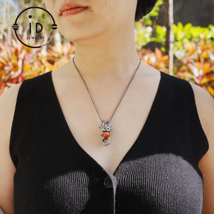 Silver Sunstone Pendant with Oxidized 925 Sterling, Fantasy Totem Necklace for Her, Vintage Gothic Jewelry, Christmas Birthday Gift, Large Gemstone Talisman