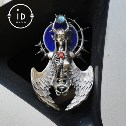 Silver Pendant with Garnet and Lapis Lazuli, Handcrafted Gothic Winged Jewelry, Fantasy Amulet Necklace Gift for Men and Collectors