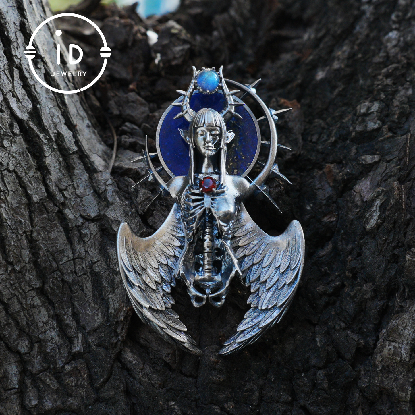 Silver Pendant with Garnet and Lapis Lazuli, Handcrafted Gothic Winged Jewelry, Fantasy Amulet Necklace Gift for Men and Collectors