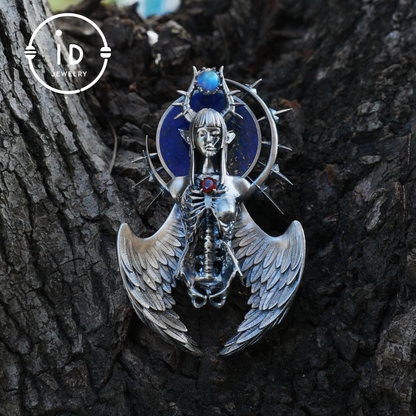 Silver Pendant with Garnet and Lapis Lazuli, Handcrafted Gothic Winged Jewelry, Fantasy Amulet Necklace Gift for Men and Collectors