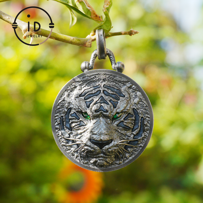 Tiger Head Pendant in 925 Sterling Silver with Black Nephrite, Green Zirconia Eyes and Lapis Lazuli – Gothic Totem Necklace for Men