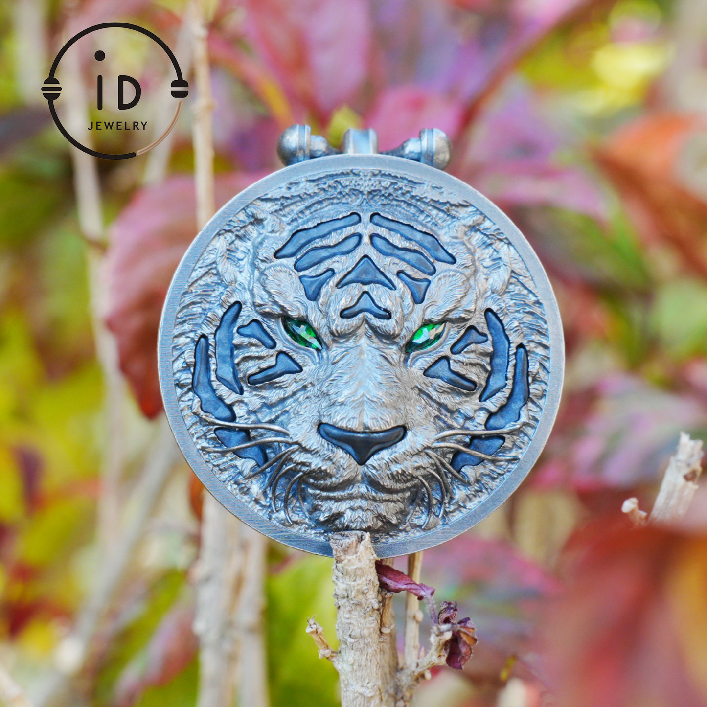 Tiger Head Pendant in 925 Sterling Silver with Black Nephrite, Green Zirconia Eyes and Lapis Lazuli – Gothic Totem Necklace for Men