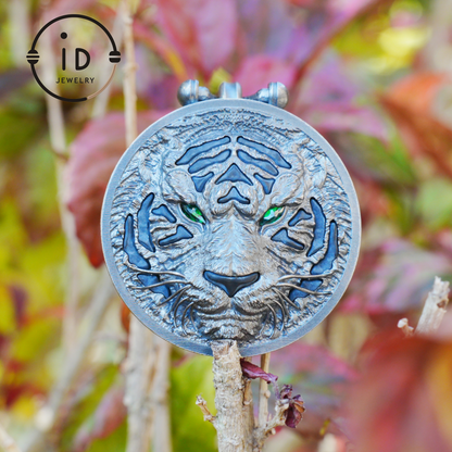 Tiger Head Pendant in 925 Sterling Silver with Black Nephrite, Green Zirconia Eyes and Lapis Lazuli – Gothic Totem Necklace for Men