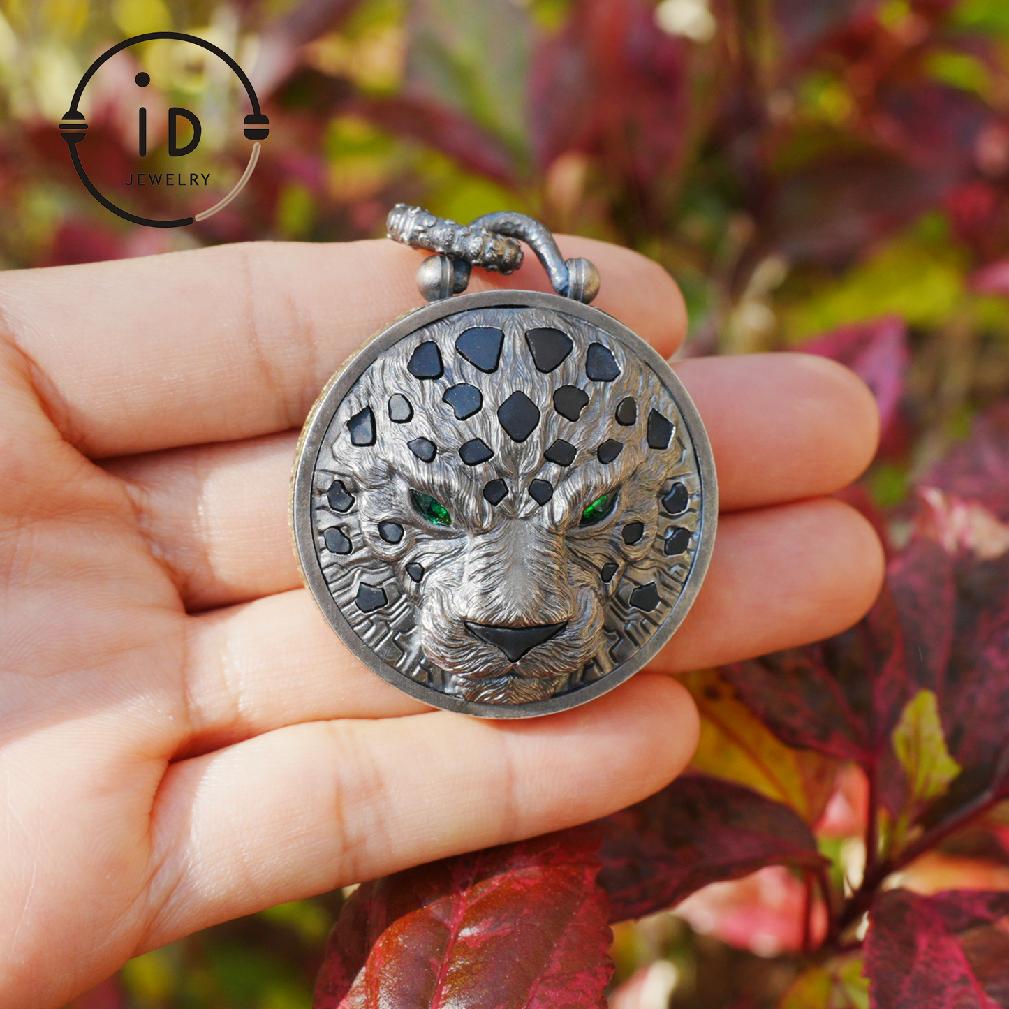 Sterling Silver Leopard Head Pendant with Black Jade, Green Zircon Eyes and Lapis Lazuli, Gothic Totem Necklace Gift for Men