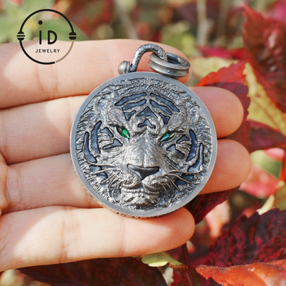 Tiger Head Pendant in 925 Sterling Silver with Black Nephrite, Green Zirconia Eyes and Lapis Lazuli – Gothic Totem Necklace for Men