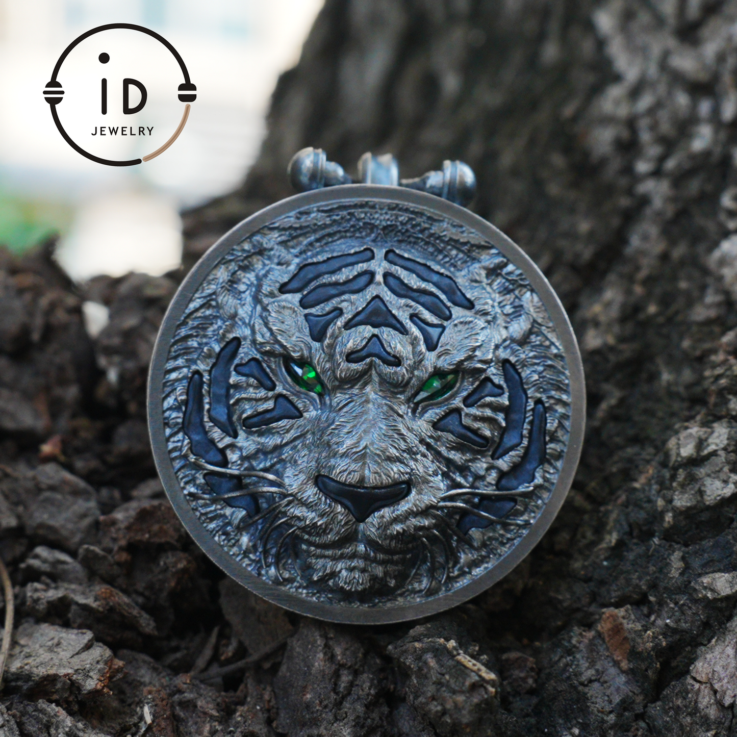 Tiger Head Pendant in 925 Sterling Silver with Black Nephrite, Green Zirconia Eyes and Lapis Lazuli – Gothic Totem Necklace for Men
