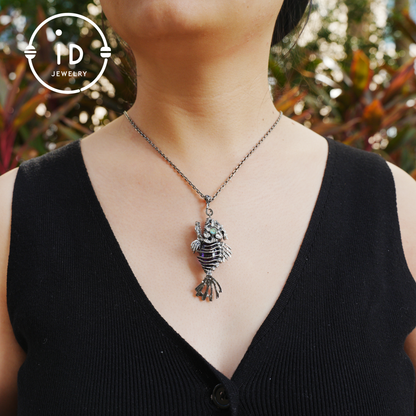 Silver fishbone pendant with amethyst and abalone eye, gothic brooch totem jewelry for him, fantasy cosplay gift accessory