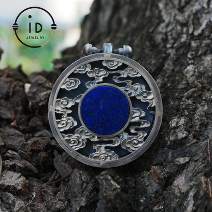Tiger Head Pendant in 925 Sterling Silver with Black Nephrite, Green Zirconia Eyes and Lapis Lazuli – Gothic Totem Necklace for Men
