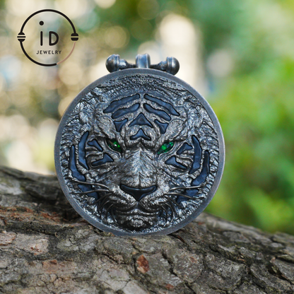 Tiger Head Pendant in 925 Sterling Silver with Black Nephrite, Green Zirconia Eyes and Lapis Lazuli – Gothic Totem Necklace for Men