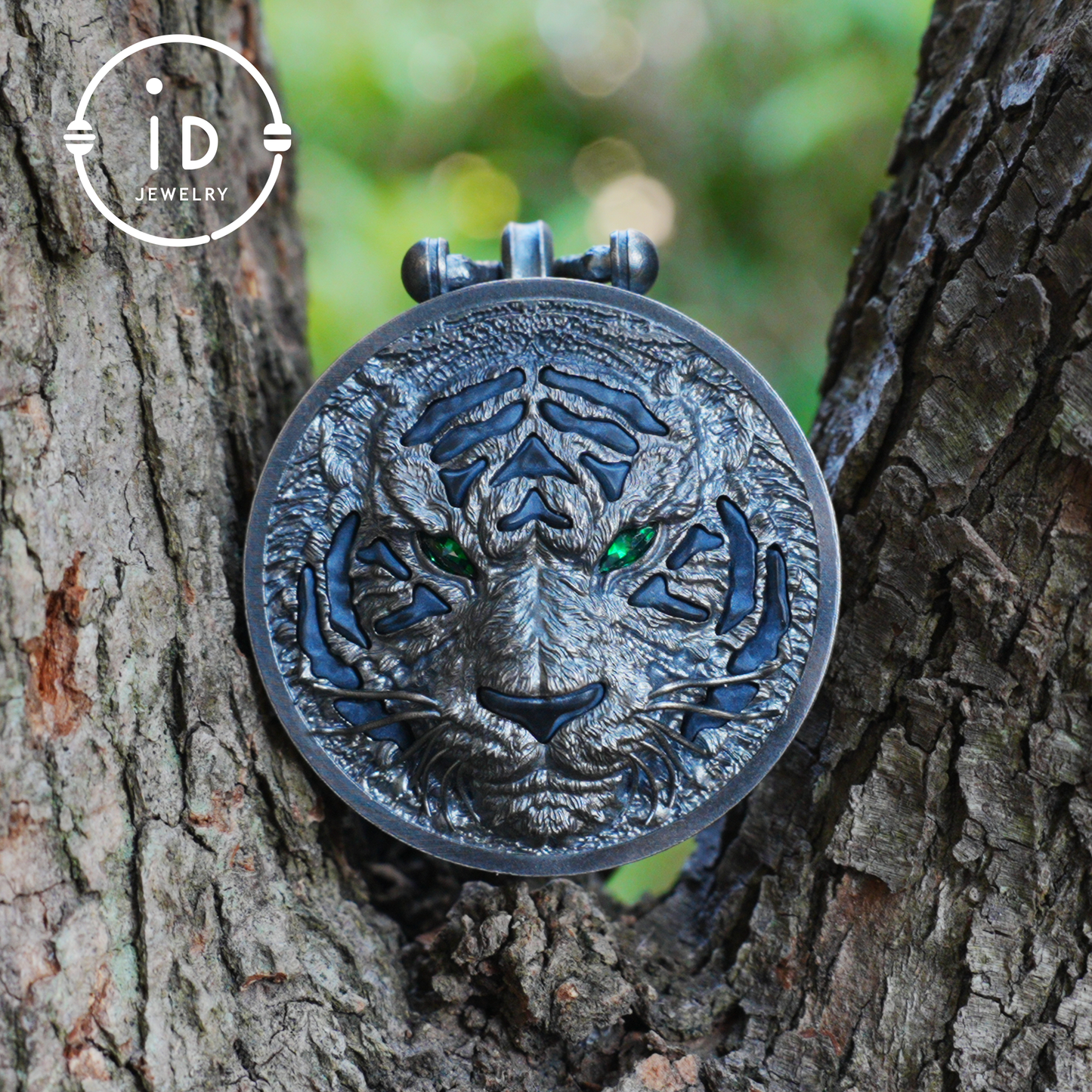 Tiger Head Pendant in 925 Sterling Silver with Black Nephrite, Green Zirconia Eyes and Lapis Lazuli – Gothic Totem Necklace for Men