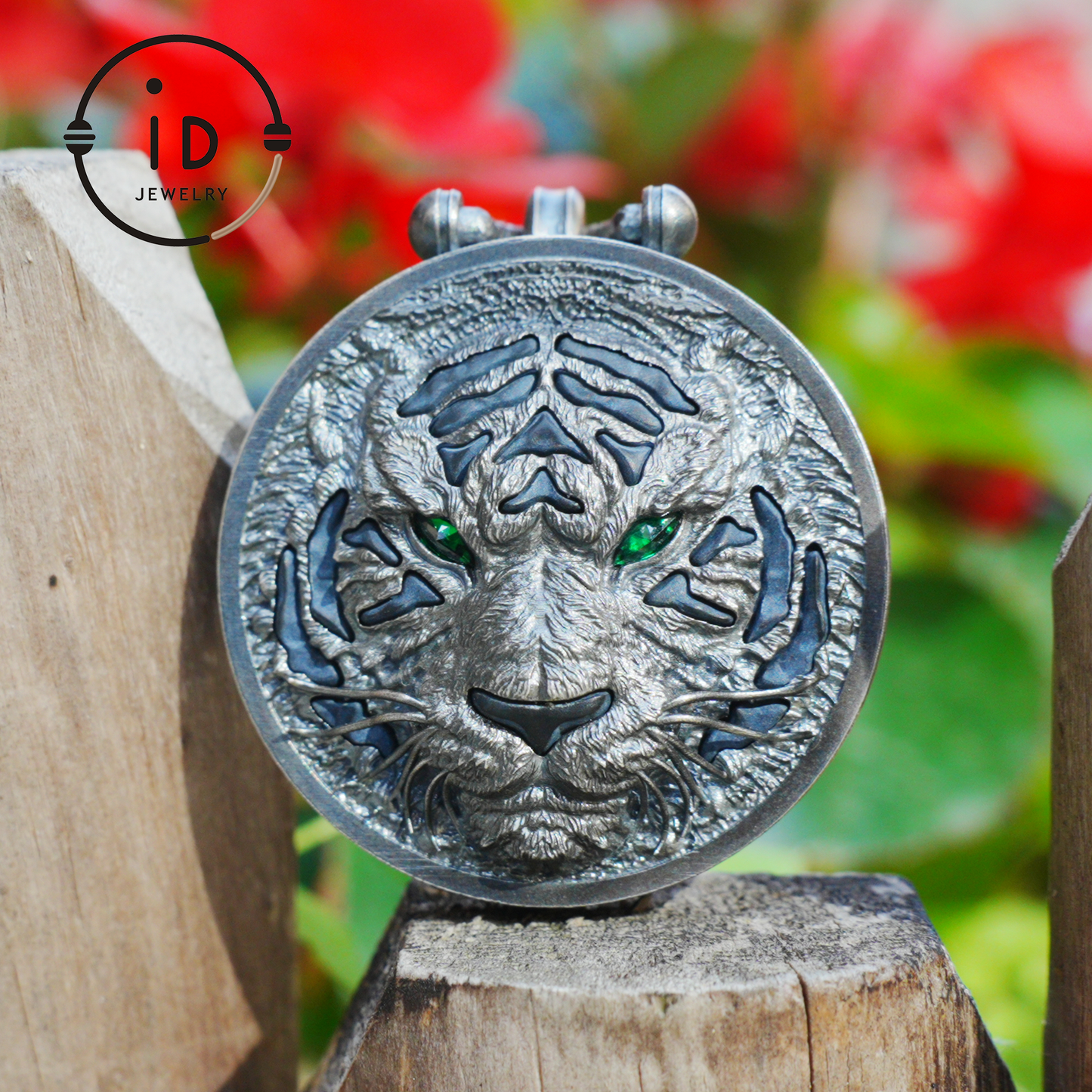 Tiger Head Pendant in 925 Sterling Silver with Black Nephrite, Green Zirconia Eyes and Lapis Lazuli – Gothic Totem Necklace for Men