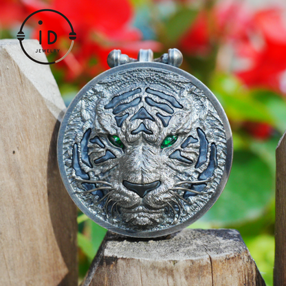 Tiger Head Pendant in 925 Sterling Silver with Black Nephrite, Green Zirconia Eyes and Lapis Lazuli – Gothic Totem Necklace for Men