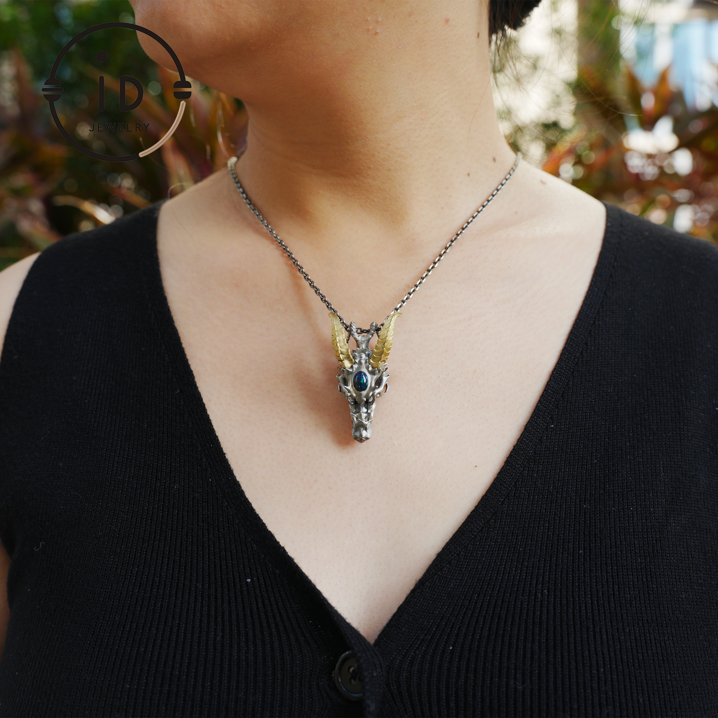 Sterling silver pendant with opal eye dragon head and golden horns in gothic totem style gift for him or fantasy lovers