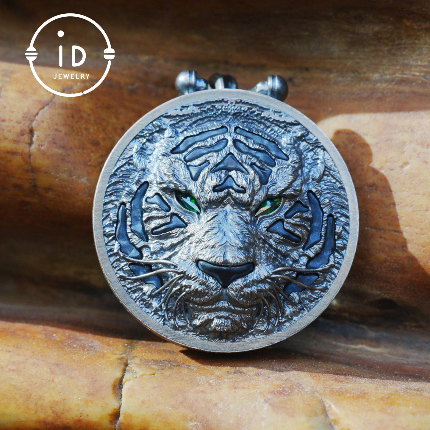 Tiger Head Pendant in 925 Sterling Silver with Black Nephrite, Green Zirconia Eyes and Lapis Lazuli – Gothic Totem Necklace for Men