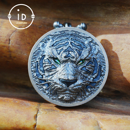 Tiger Head Pendant in 925 Sterling Silver with Black Nephrite, Green Zirconia Eyes and Lapis Lazuli – Gothic Totem Necklace for Men