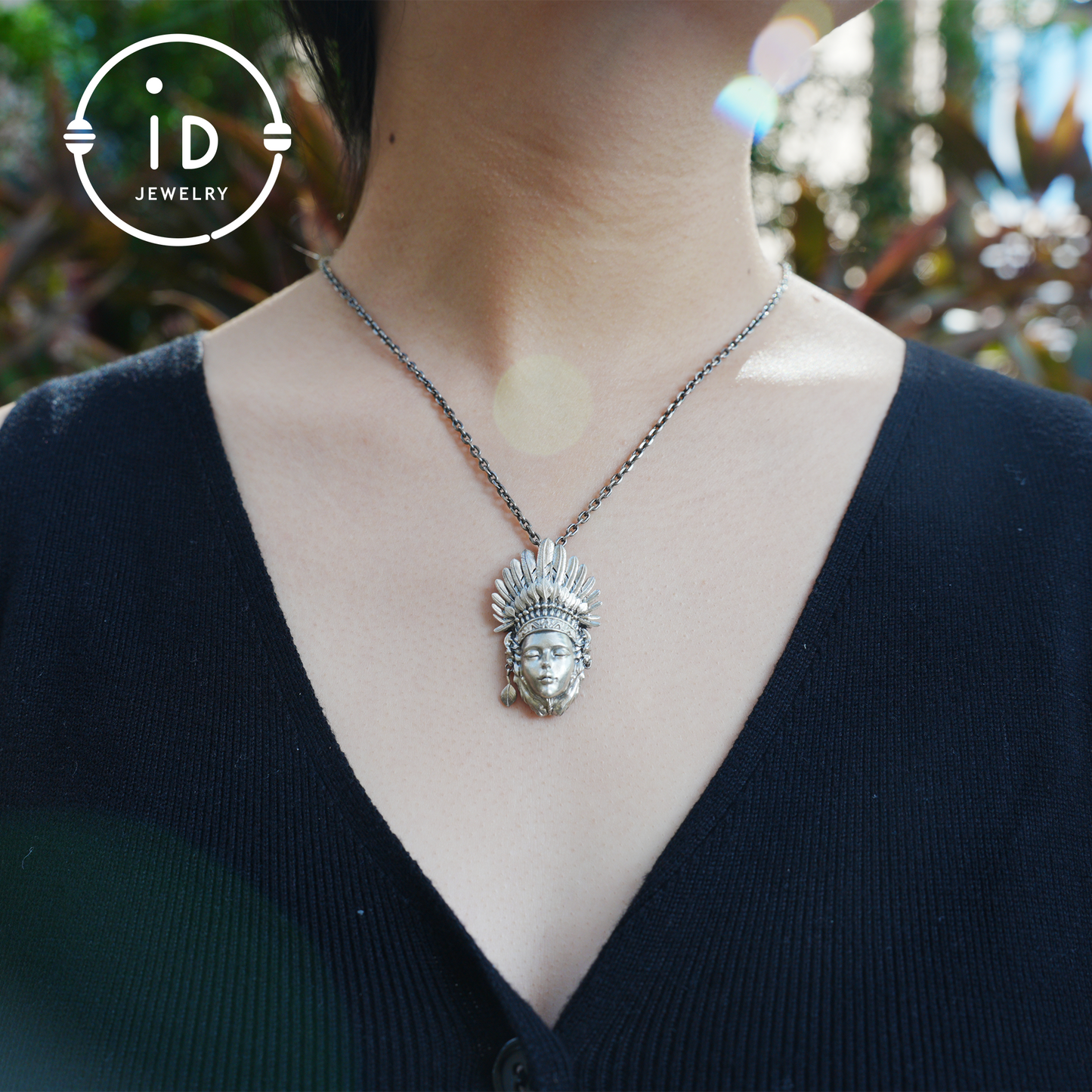 Handcrafted Face Pendant in Oxidized 925 Silver with Feather Crown | Tribal & Gothic Style | Gift for Women | Statement Jewelry