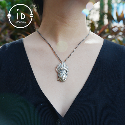 Handcrafted Face Pendant in Oxidized 925 Silver with Feather Crown | Tribal & Gothic Style | Gift for Women | Statement Jewelry