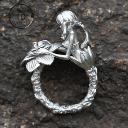Vintage Fairy Ring with Flower | Handmade Fantasy Jewelry | Elegant Design with 925 Silver & Phantom Stone