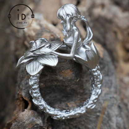Vintage Fairy Ring with Flower | Handmade Fantasy Jewelry | Elegant Design with 925 Silver & Phantom Stone