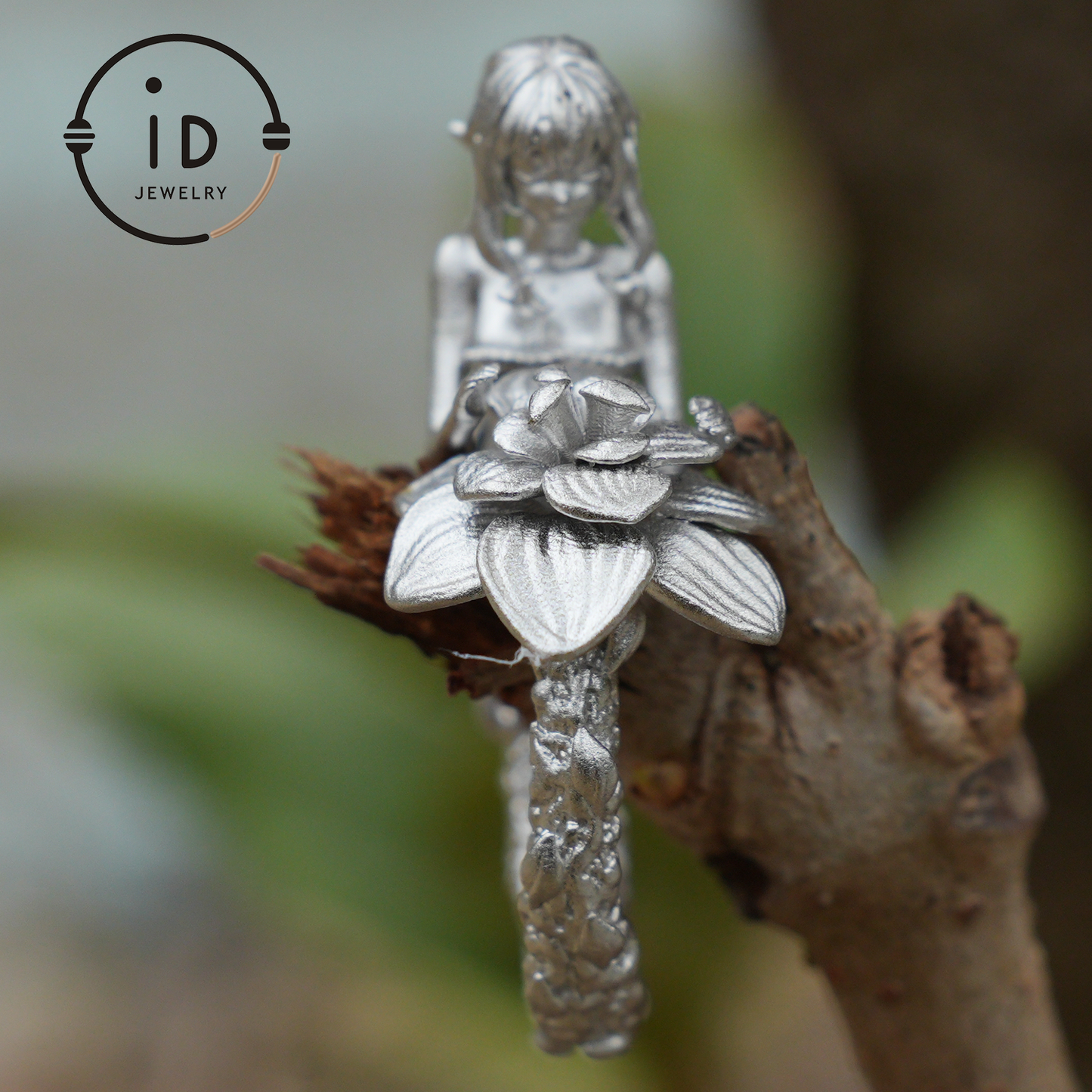 Vintage Fairy Ring with Flower | Handmade Fantasy Jewelry | Elegant Design with 925 Silver & Phantom Stone