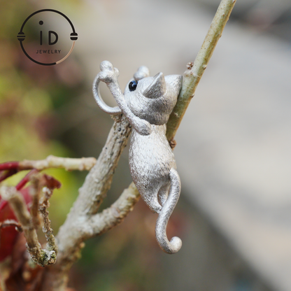 Cat Pendant in 925 Sterling Silver with Black Onyx Eyes, Handmade Fairytale Necklace in Animal Style, Gift for Her or Cat Lover