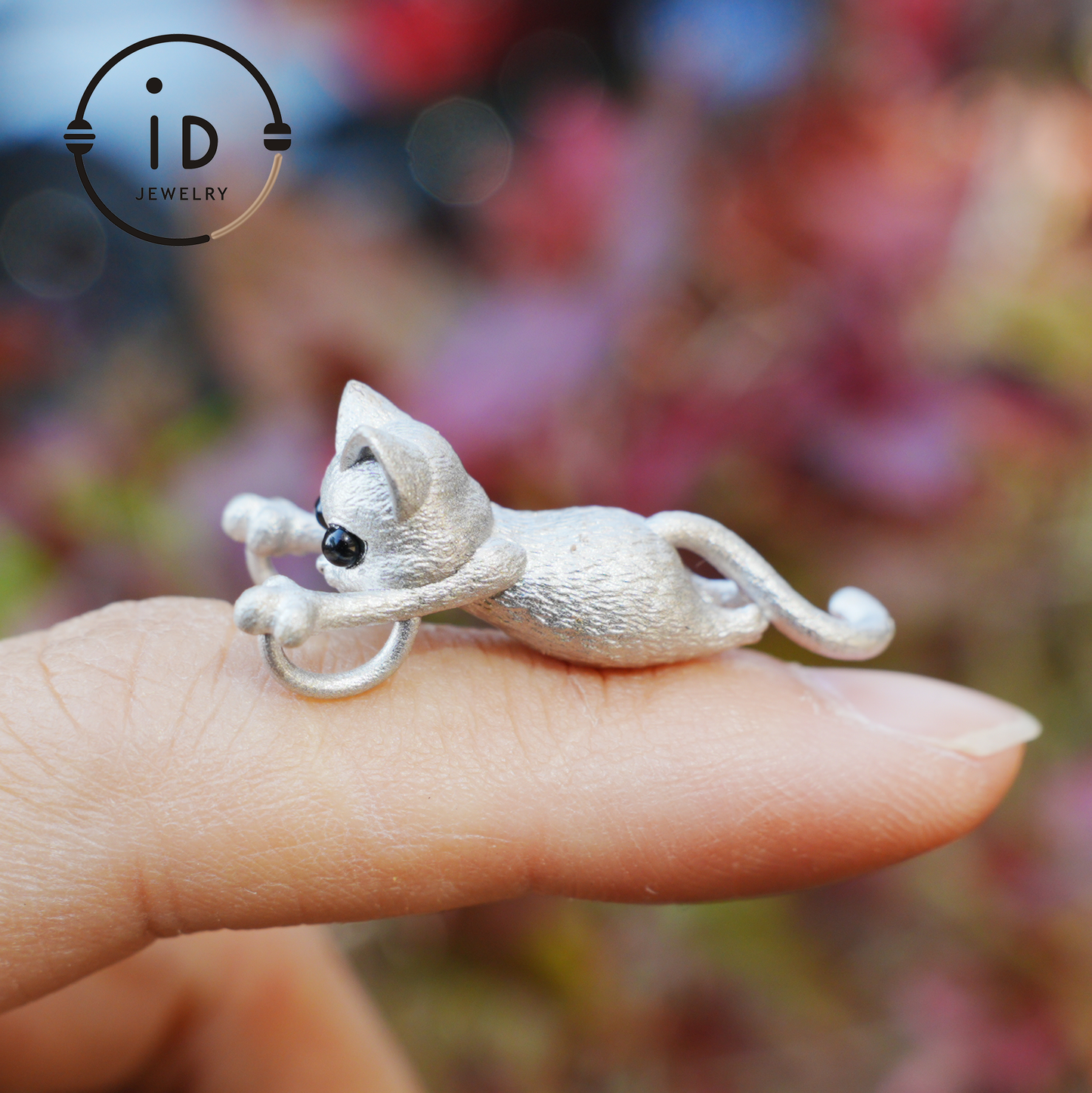 Cat Pendant in 925 Sterling Silver with Black Onyx Eyes, Handmade Fairytale Necklace in Animal Style, Gift for Her or Cat Lover