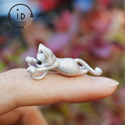Cat Pendant in 925 Sterling Silver with Black Onyx Eyes, Handmade Fairytale Necklace in Animal Style, Gift for Her or Cat Lover