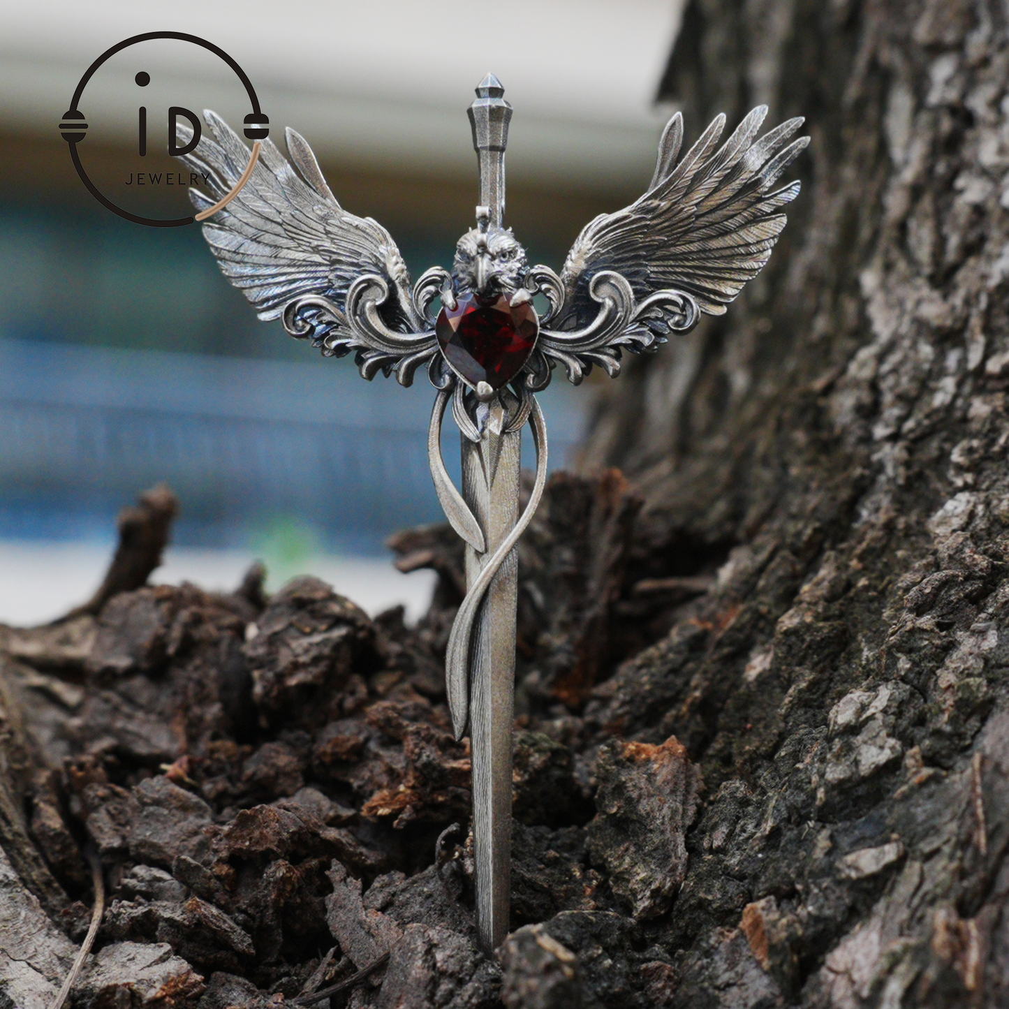 Gothic pendant with winged sword and heart-shaped garnet in oxidized 925 sterling silver, fantasy gift idea for her or cosplay events