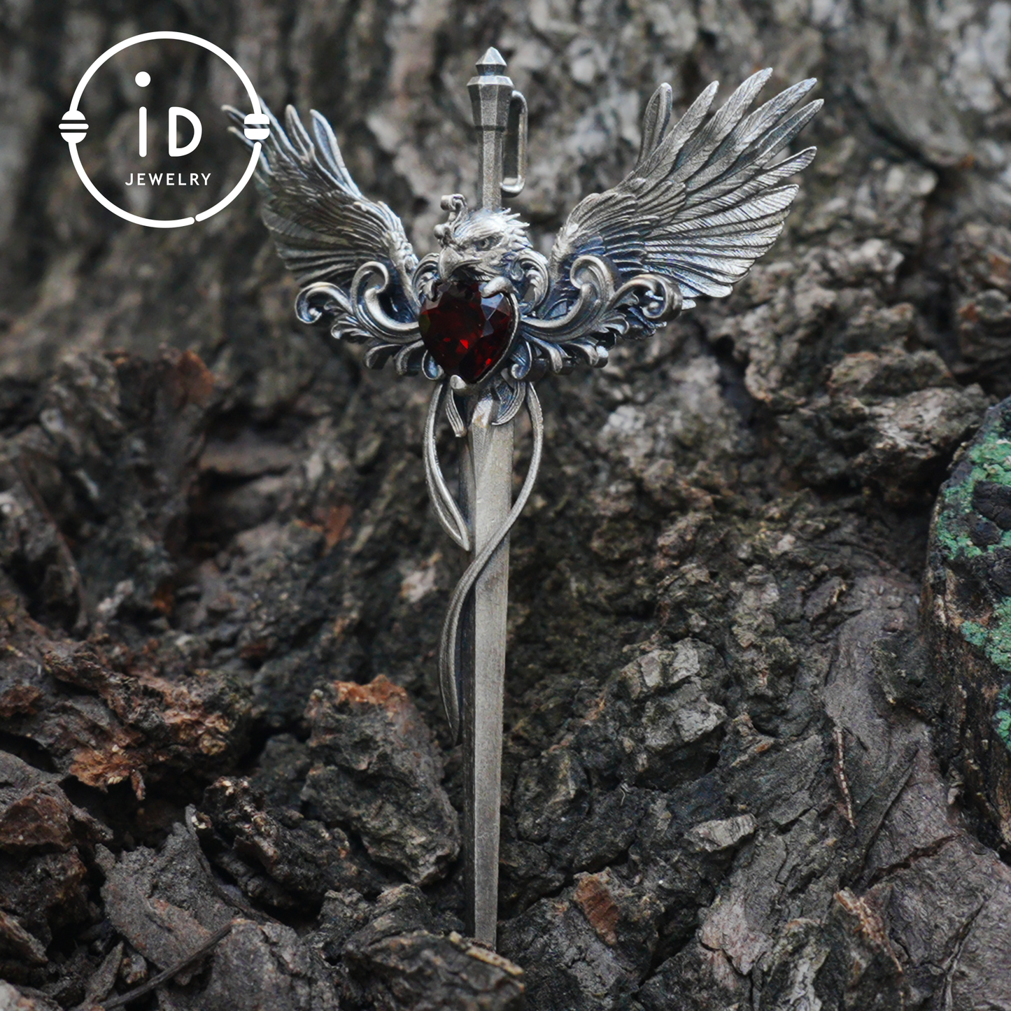 Gothic pendant with winged sword and heart-shaped garnet in oxidized 925 sterling silver, fantasy gift idea for her or cosplay events