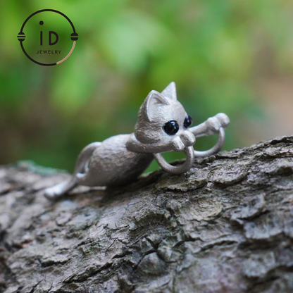 Cat Pendant in 925 Sterling Silver with Black Onyx Eyes, Handmade Fairytale Necklace in Animal Style, Gift for Her or Cat Lover
