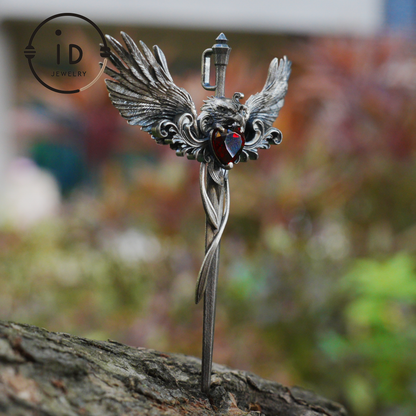 Gothic pendant with winged sword and heart-shaped garnet in oxidized 925 sterling silver, fantasy gift idea for her or cosplay events