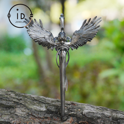 Gothic pendant with winged sword and heart-shaped garnet in oxidized 925 sterling silver, fantasy gift idea for her or cosplay events