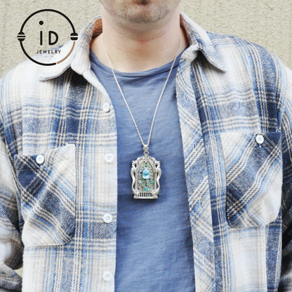 Gothic fantasy pendant with mermaid figure, Swiss blue topaz and abalone in 925 sterling silver, vintage jewelry gift for women