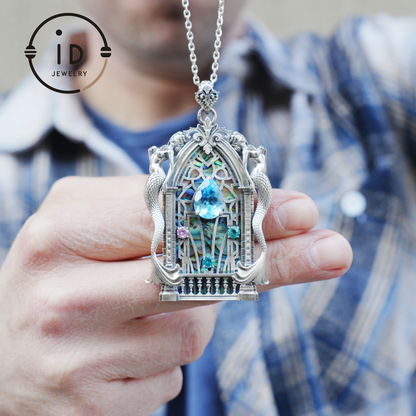 Gothic fantasy pendant with mermaid figure, Swiss blue topaz and abalone in 925 sterling silver, vintage jewelry gift for women