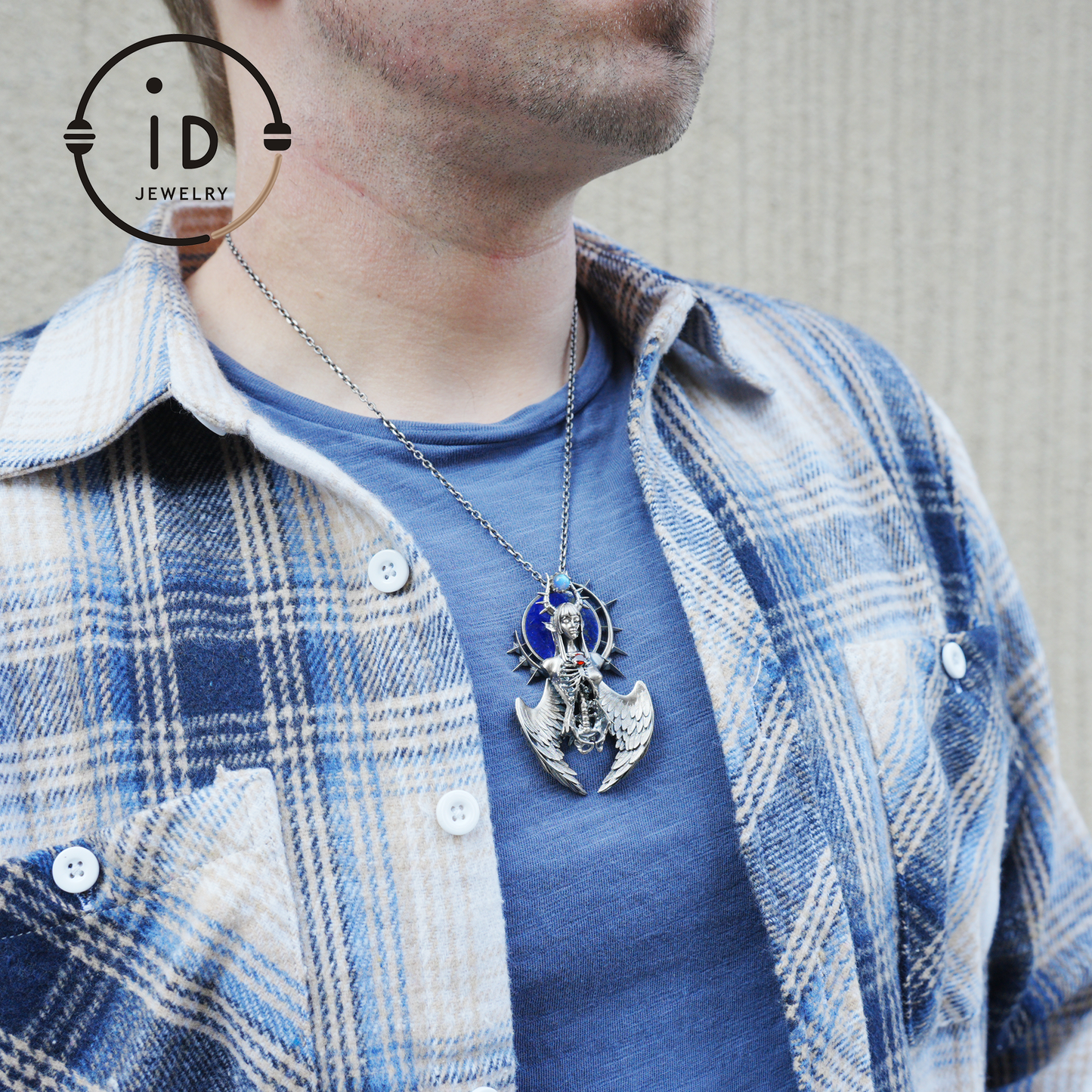 Silver Pendant with Garnet and Lapis Lazuli, Handcrafted Gothic Winged Jewelry, Fantasy Amulet Necklace Gift for Men and Collectors