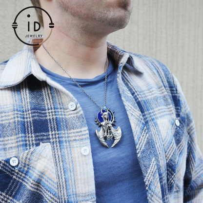 Silver Pendant with Garnet and Lapis Lazuli, Handcrafted Gothic Winged Jewelry, Fantasy Amulet Necklace Gift for Men and Collectors