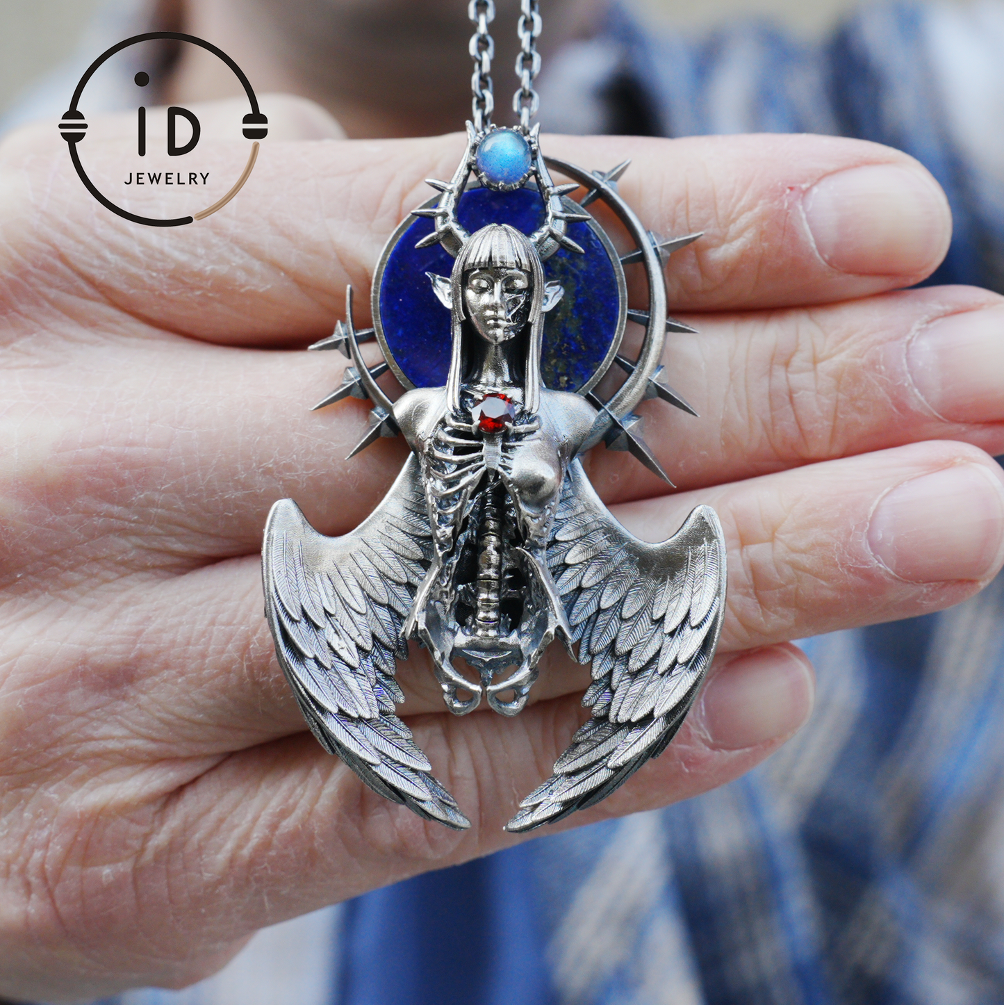 Silver Pendant with Garnet and Lapis Lazuli, Handcrafted Gothic Winged Jewelry, Fantasy Amulet Necklace Gift for Men and Collectors
