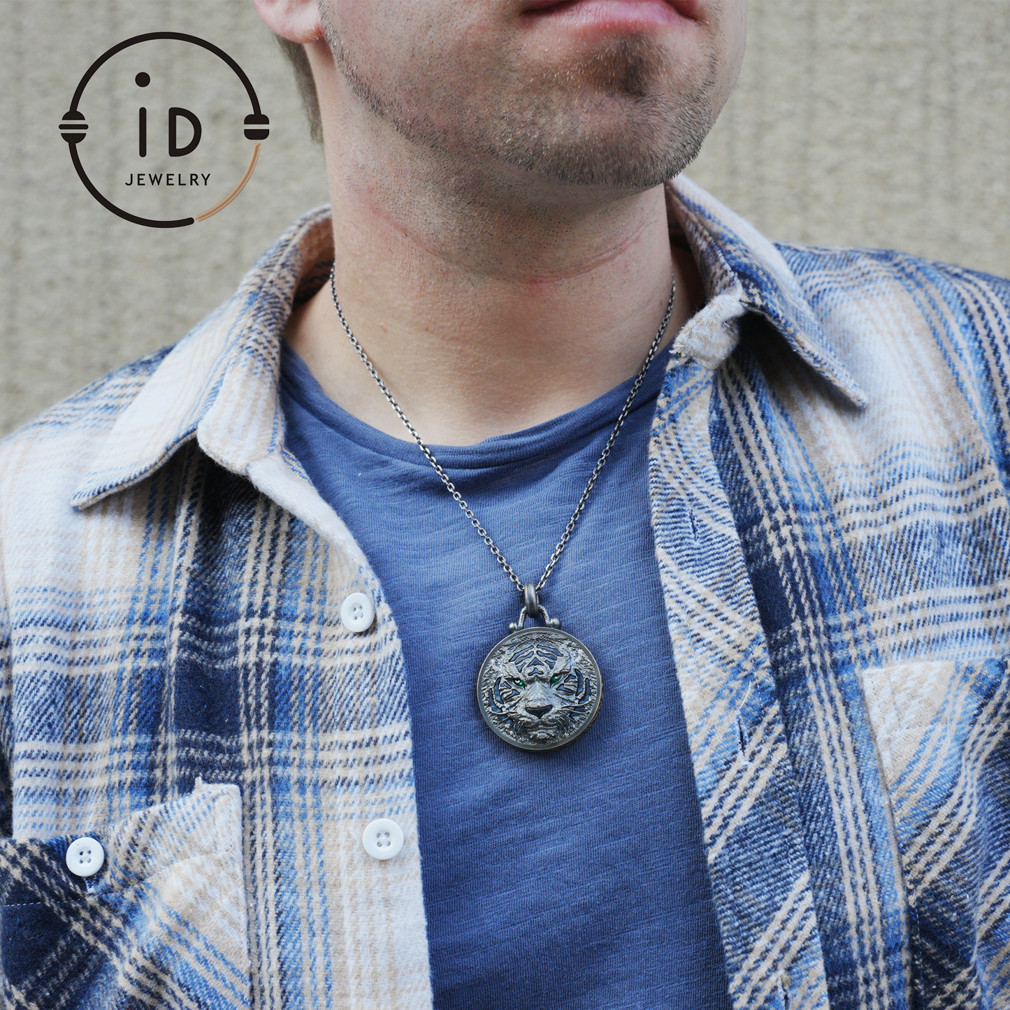 Tiger Head Pendant in 925 Sterling Silver with Black Nephrite, Green Zirconia Eyes and Lapis Lazuli – Gothic Totem Necklace for Men