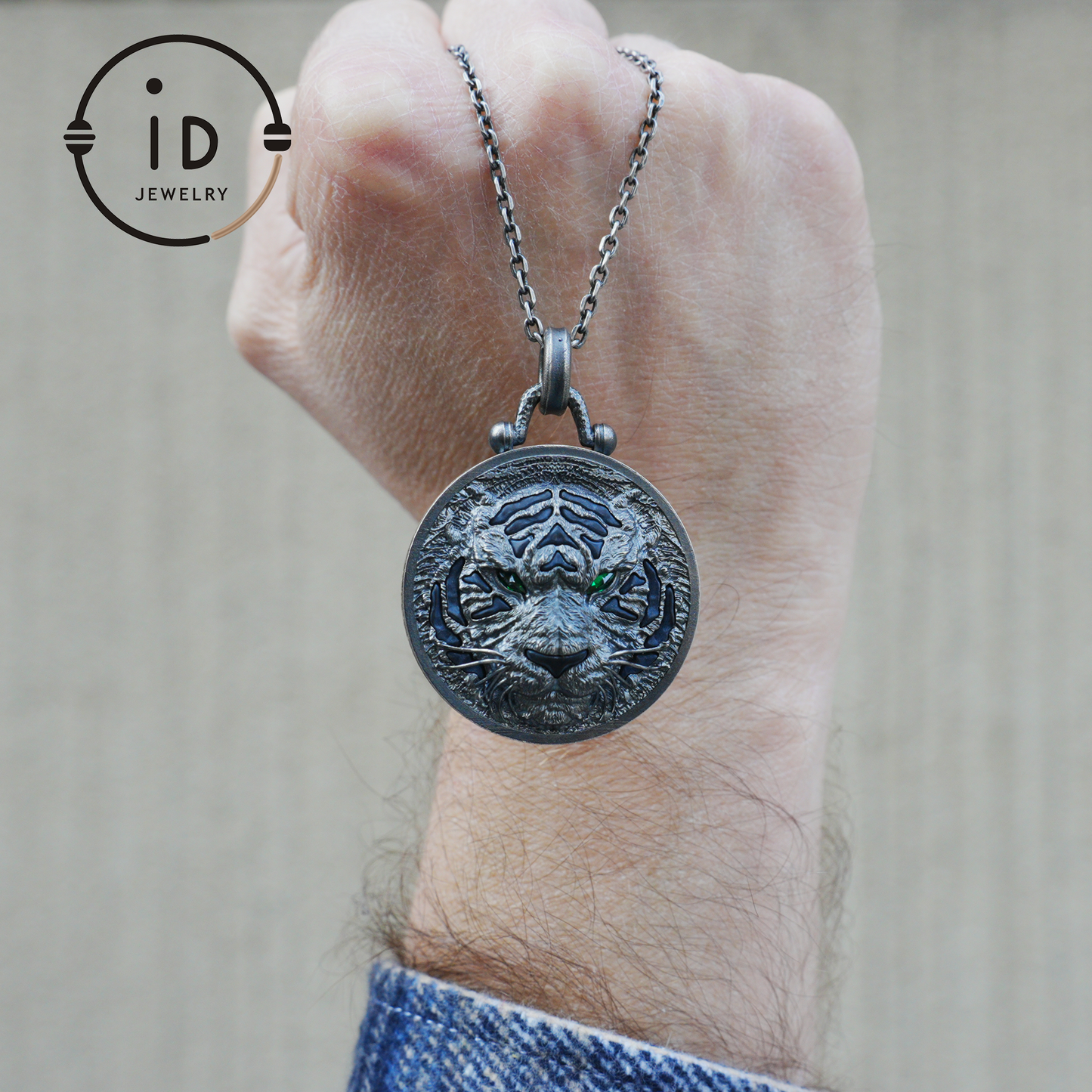 Tiger Head Pendant in 925 Sterling Silver with Black Nephrite, Green Zirconia Eyes and Lapis Lazuli – Gothic Totem Necklace for Men