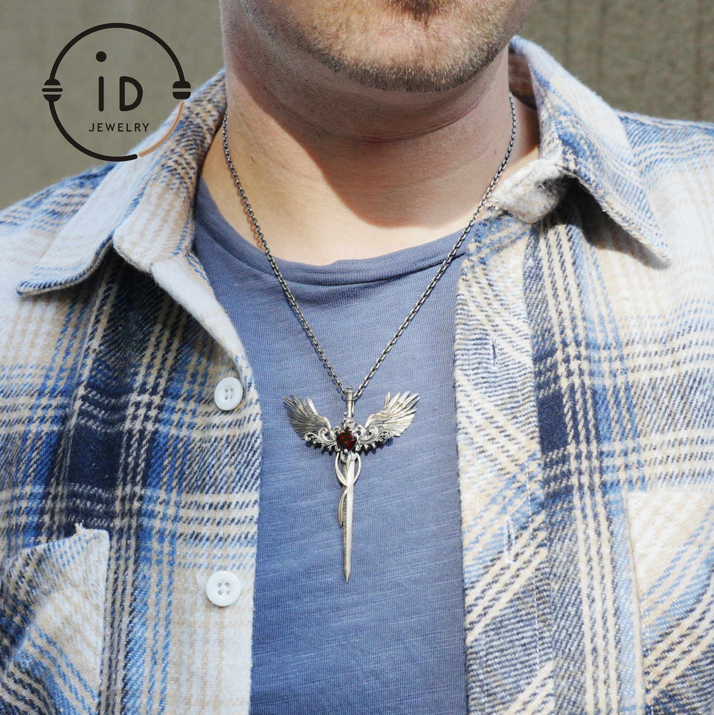 Gothic pendant with winged sword and heart-shaped garnet in oxidized 925 sterling silver, fantasy gift idea for her or cosplay events