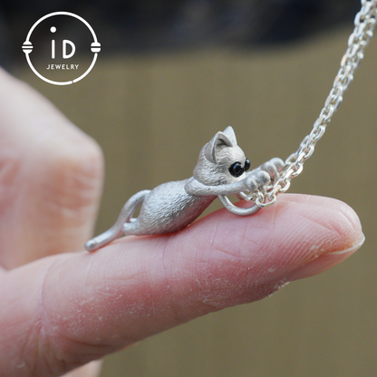 Cat Pendant in 925 Sterling Silver with Black Onyx Eyes, Handmade Fairytale Necklace in Animal Style, Gift for Her or Cat Lover
