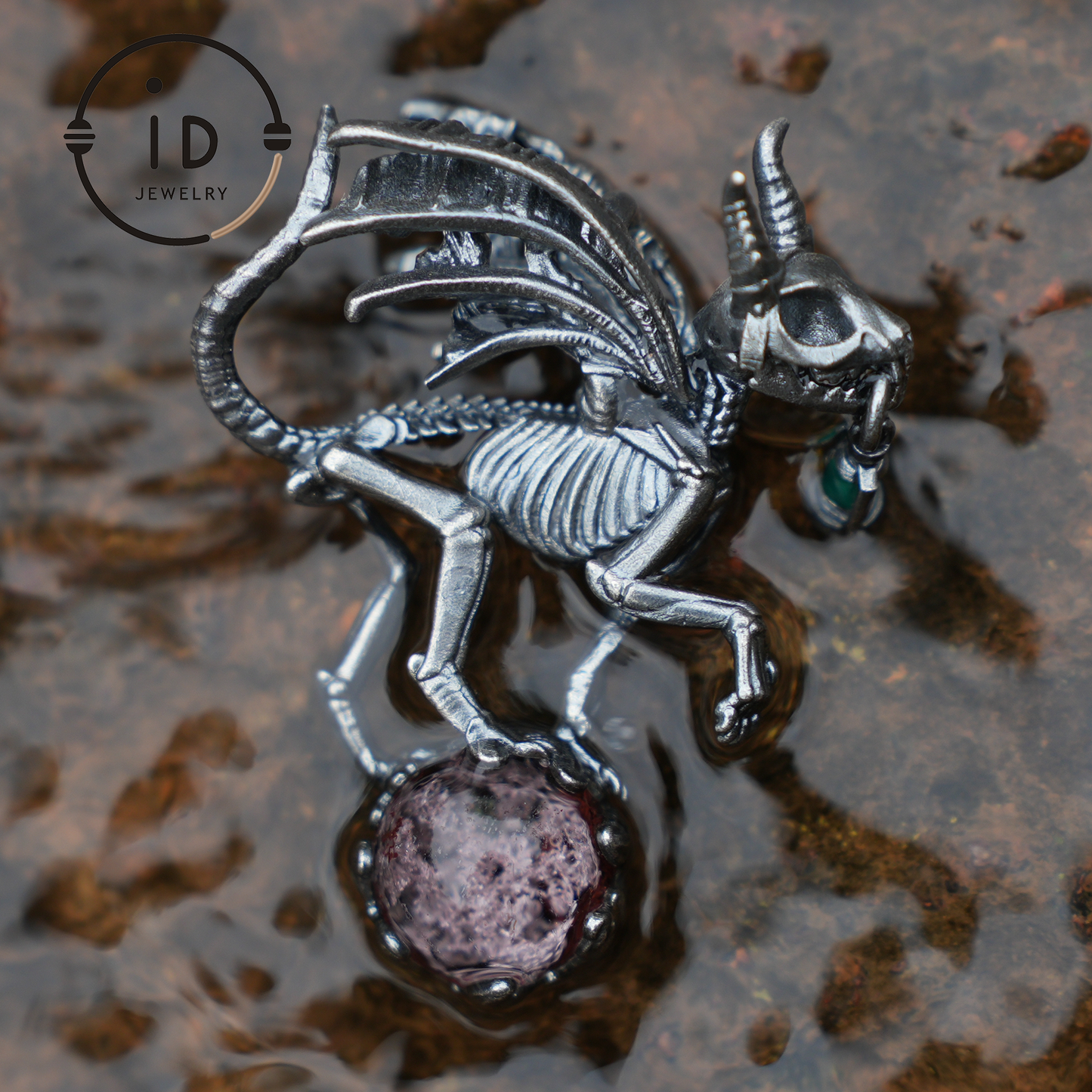 Dark Wings Dragon Pendant | Gothic Fantasy Jewelry with phantom quartz | Handmade Silver Pendant